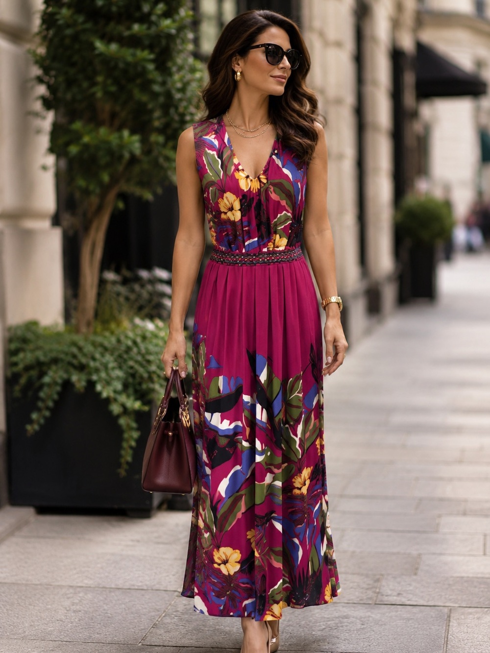 Chico's Women's Fuchsia Floral Sleeveless V-Neck Maxi Dress 16 - Picture 1 of 7